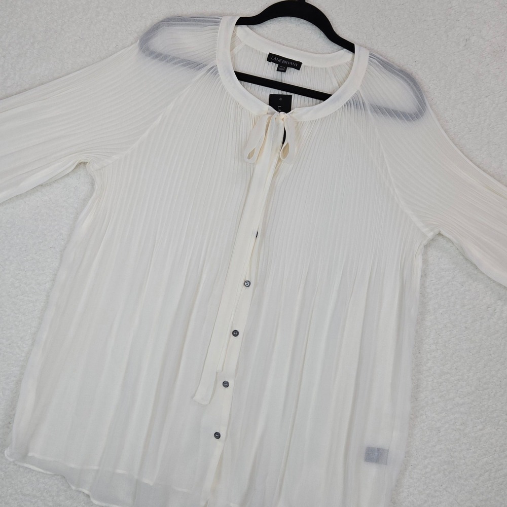 Lane Bryant Pleated Blouse 14/16 Ivory Tie Neck Chiffon Top Plus Size NWT Career